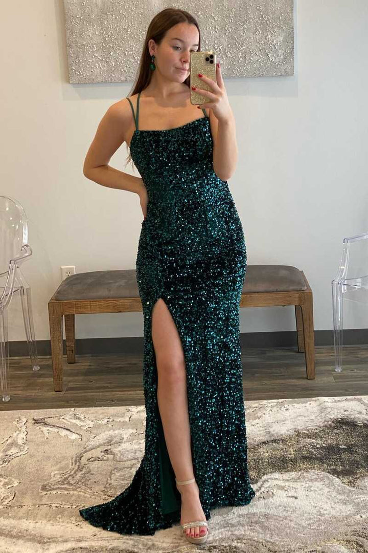 dressimeGlitter Mermaid Sequins Spaghetti Straps Long Prom Dresses 