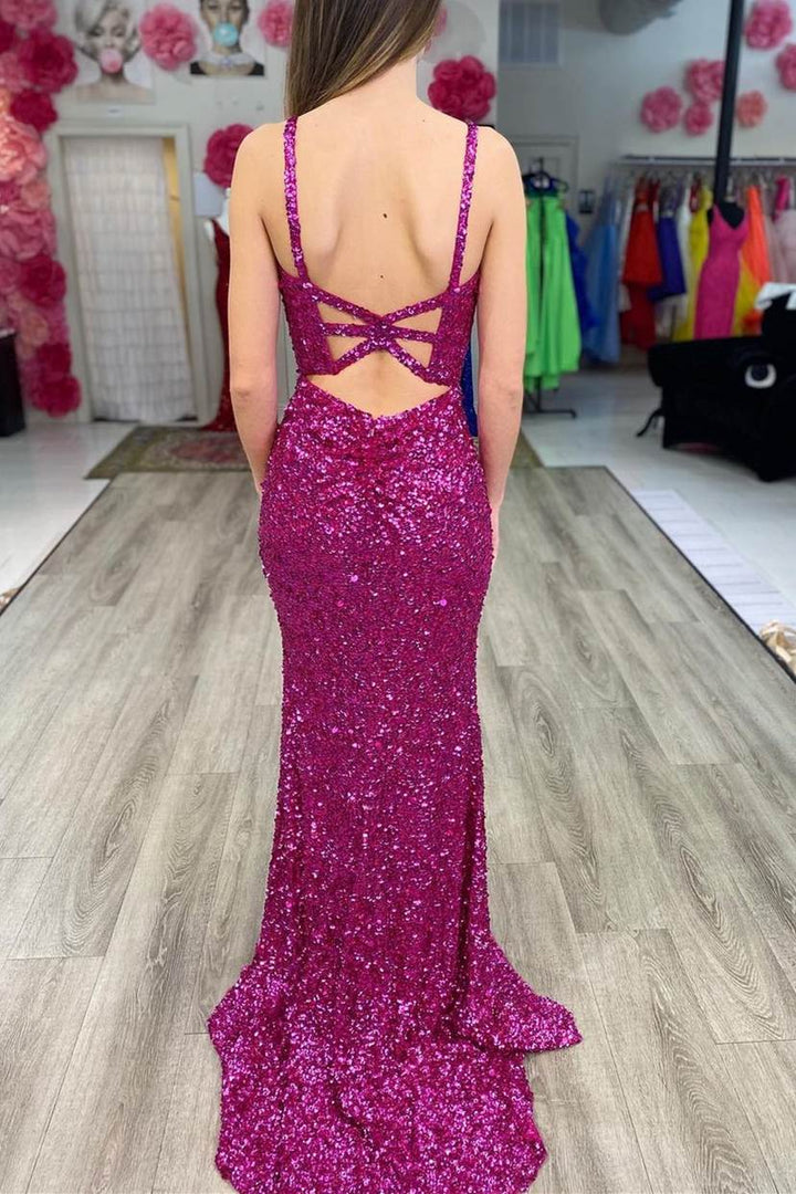 dressimeGlitter Mermaid Sequins V Neck Long Prom Dresses with Slit 