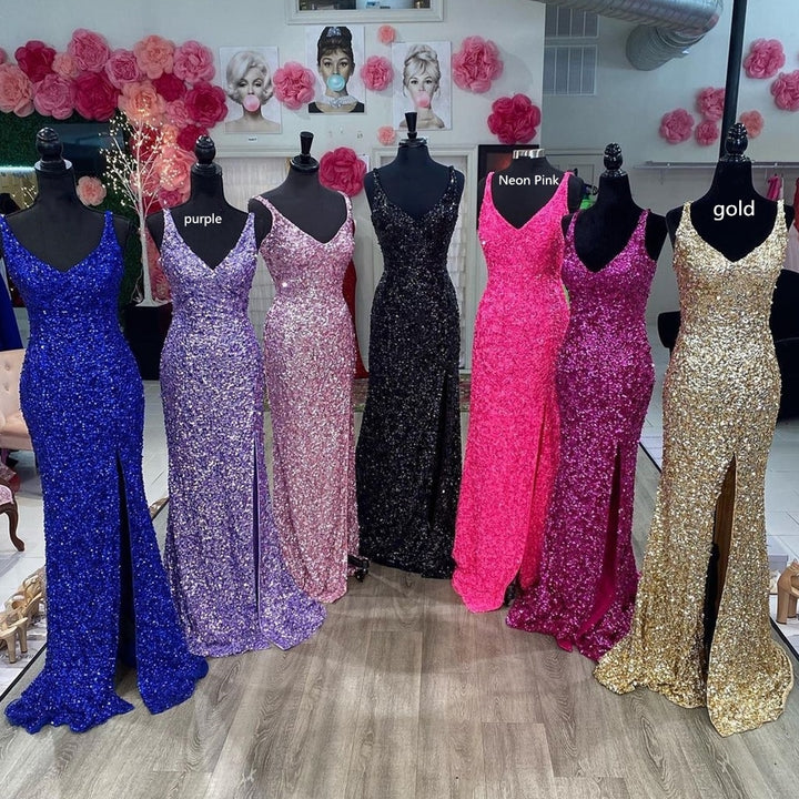 dressimeGlitter Mermaid Sequins V Neck Long Prom Dresses with Slit 