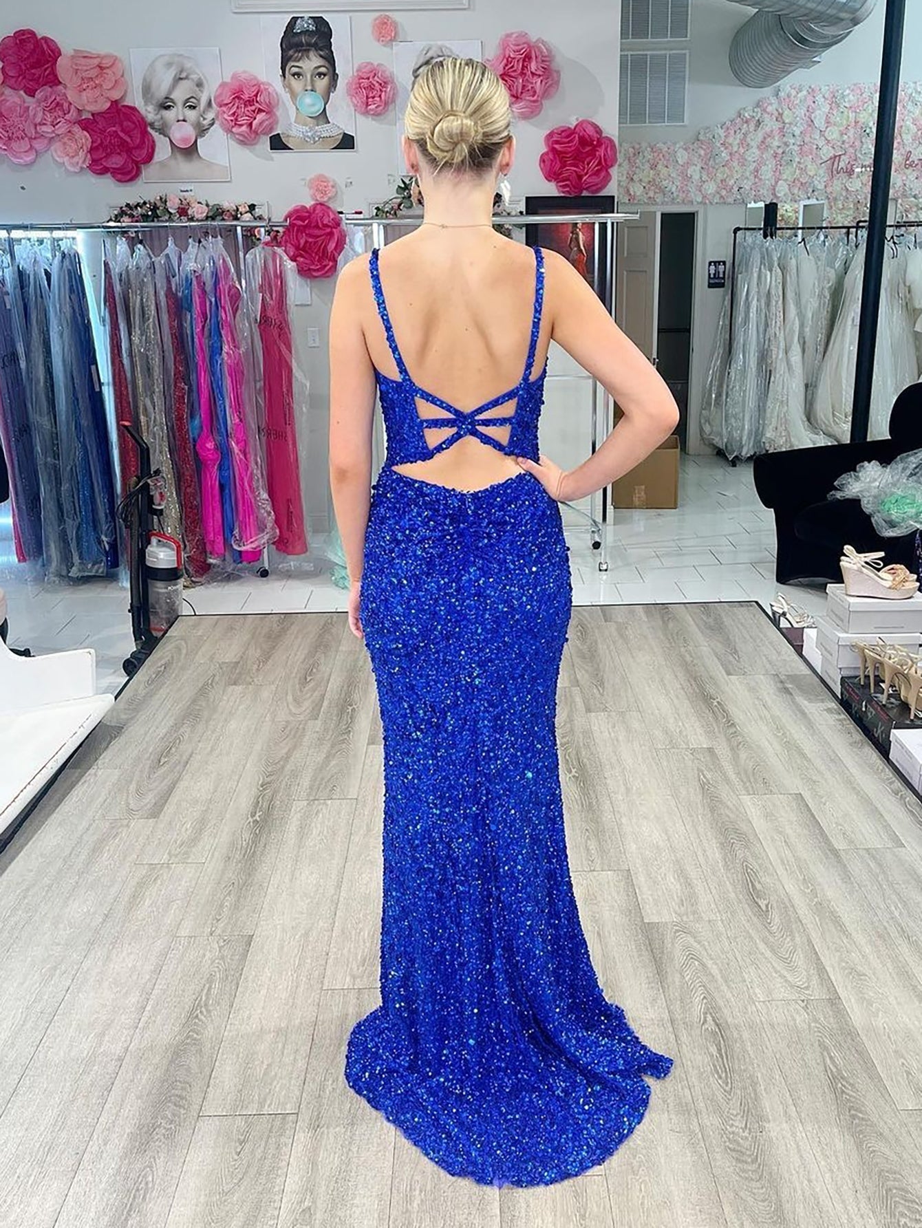 dressimeGlitter Mermaid Sequins V Neck Long Prom Dresses with Slit 