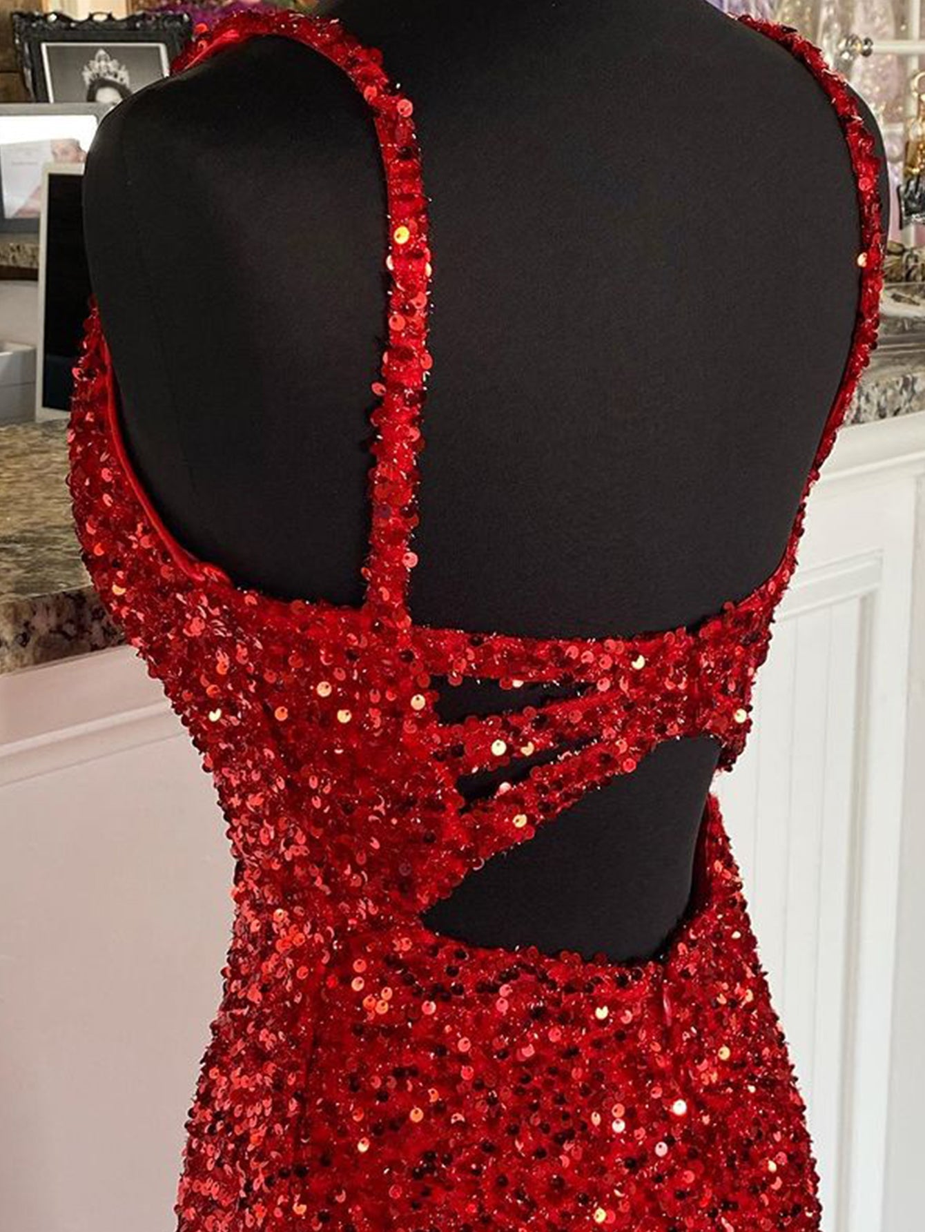 dressimeGlitter Mermaid Sequins V Neck Long Prom Dresses with Slit 