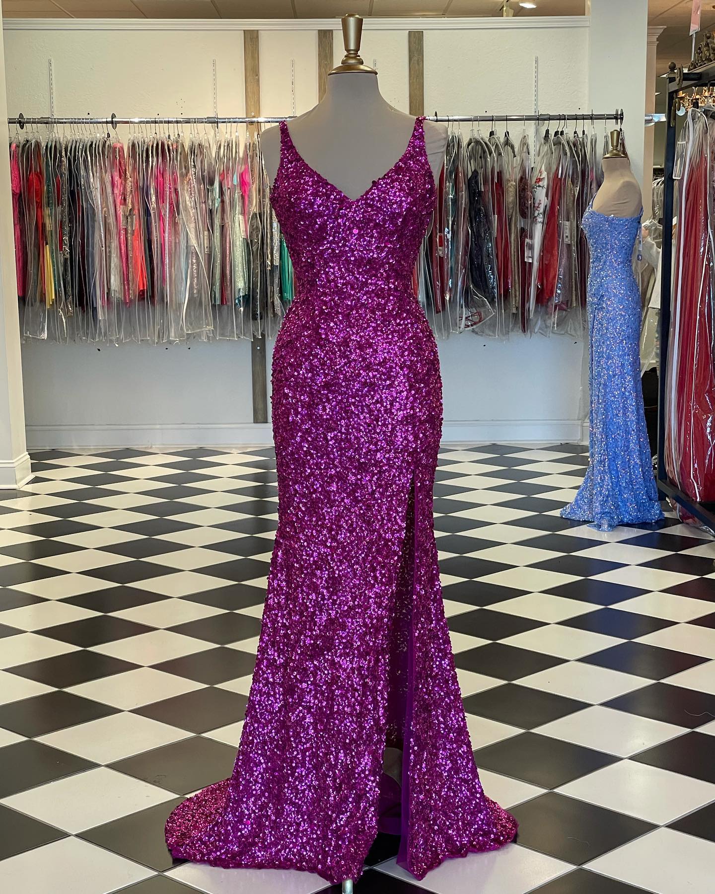 dressimeGlitter Mermaid Sequins V Neck Long Prom Dresses with Slit 