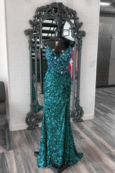 Dressime Glitter Mermaid Spaghetti Straps Sequins Slit Long Prom Dresses With Glass Mirror dressime