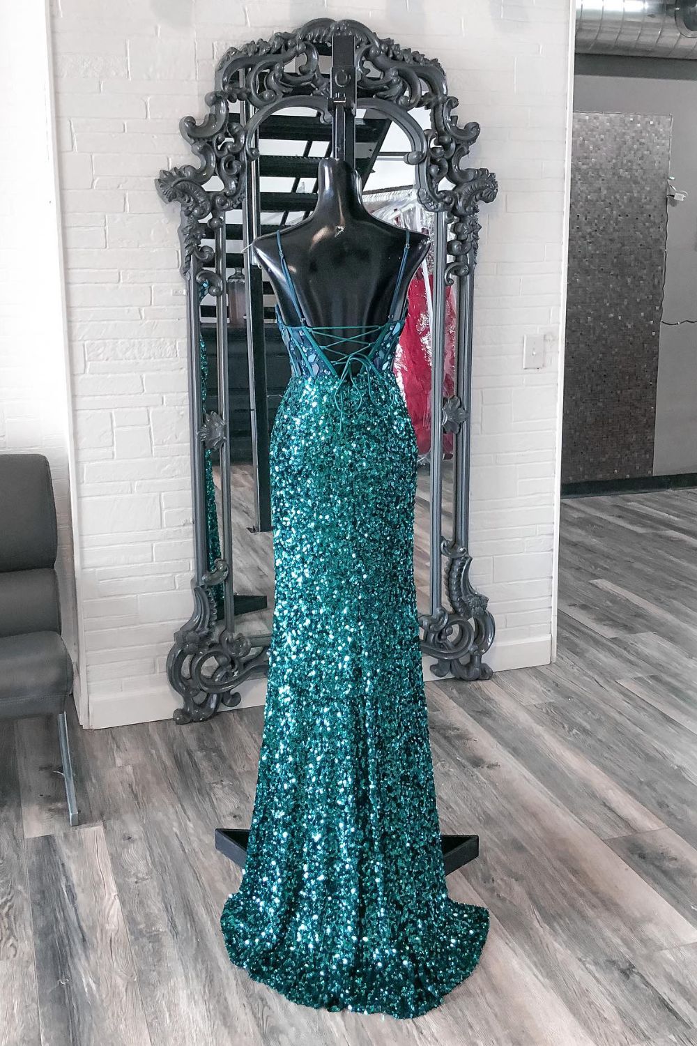 Dressime Glitter Mermaid Spaghetti Straps Sequins Slit Long Prom Dresses With Glass Mirror dressime