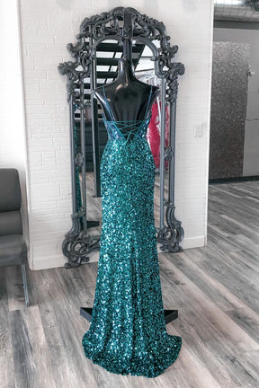 Dressime Glitter Mermaid Spaghetti Straps Sequins Slit Long Prom Dresses With Glass Mirror dressime