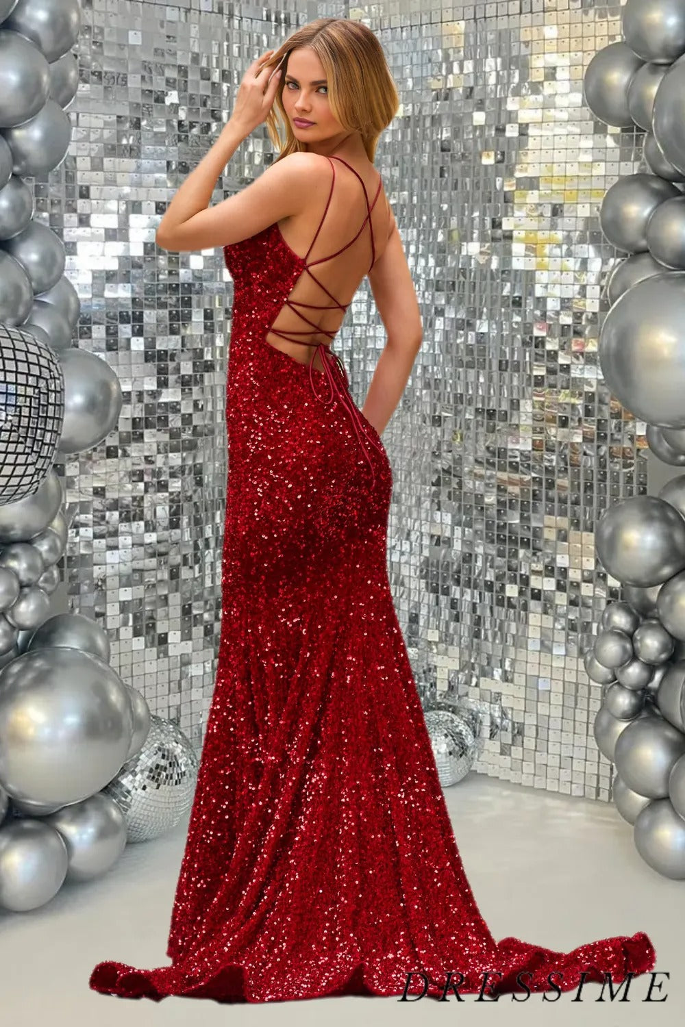 Dressime Glitter Mermaid V Neck Sequin Long Prom Dress dressime