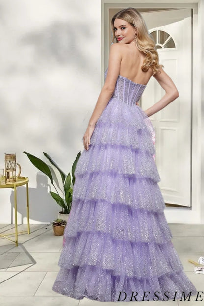 Dressime Gorgeous A Line Sweetheart Tulle Sequin Tiered Long Prom Dress With Slit dressime