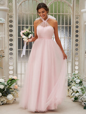 dressimeHalter A Line Tulle Pink Bridesmaid Dresses Floor-Length With Ruffles 