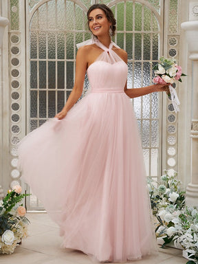 dressimeHalter A Line Tulle Pink Bridesmaid Dresses Floor-Length With Ruffles 