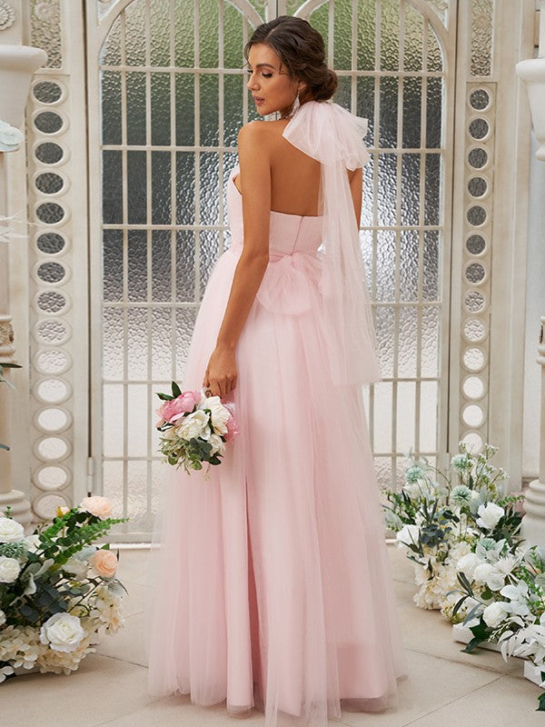 dressimeHalter A Line Tulle Pink Bridesmaid Dresses Floor-Length With Ruffles 