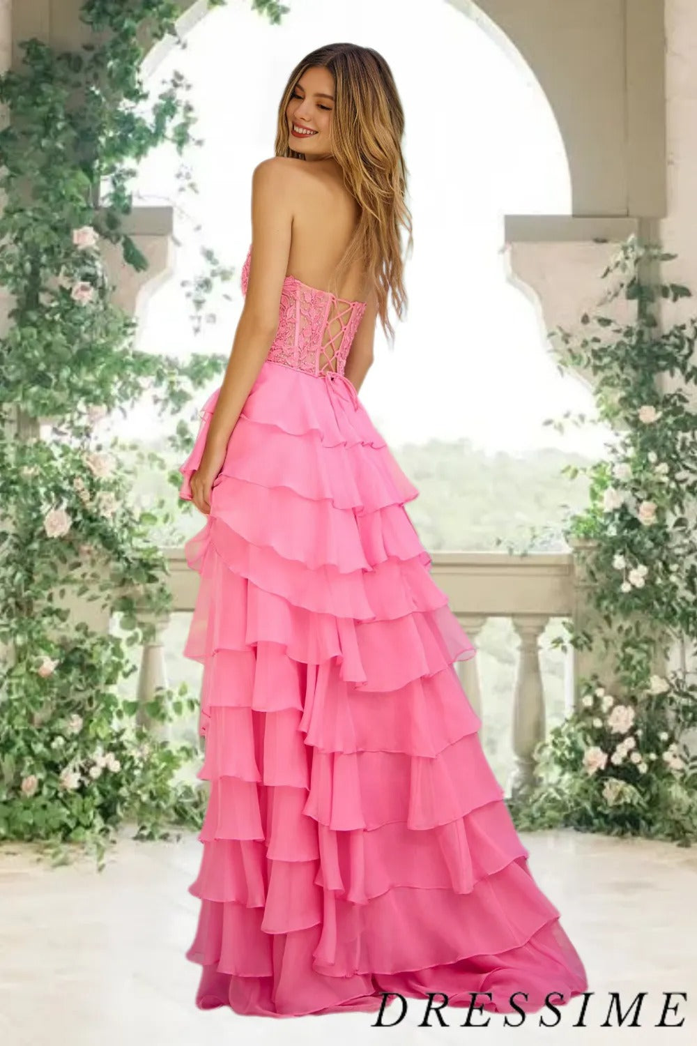 Dressime High Neck Ruffle Chiffon Long Tiered Prom Dresses with 3D Flower dressime