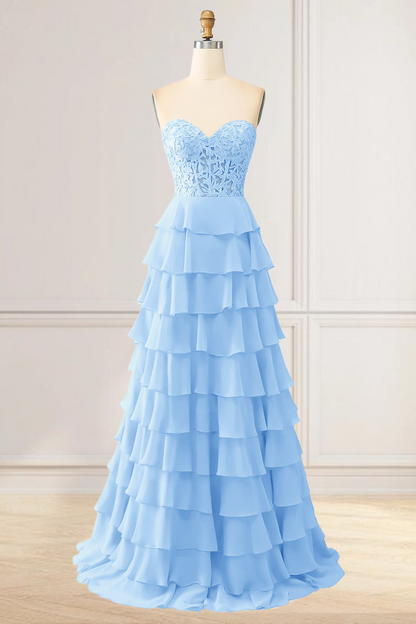 Dressime High Neck Ruffle Chiffon Long Tiered Prom Dresses with 3D Flower dressime