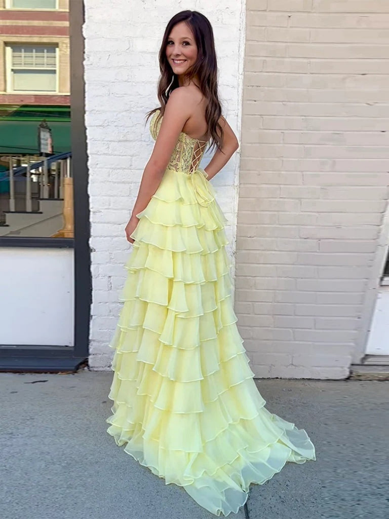 Dressime High Neck Ruffle Chiffon Long Tiered Prom Dresses with 3D Flower dressime