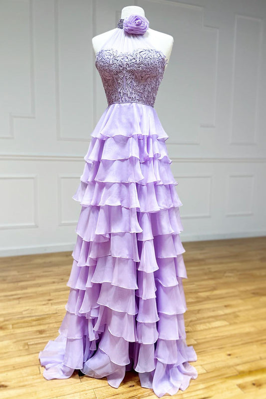 dressimeHigh Neck Ruffle Chiffon Long Prom Dresses with 3D Flower 