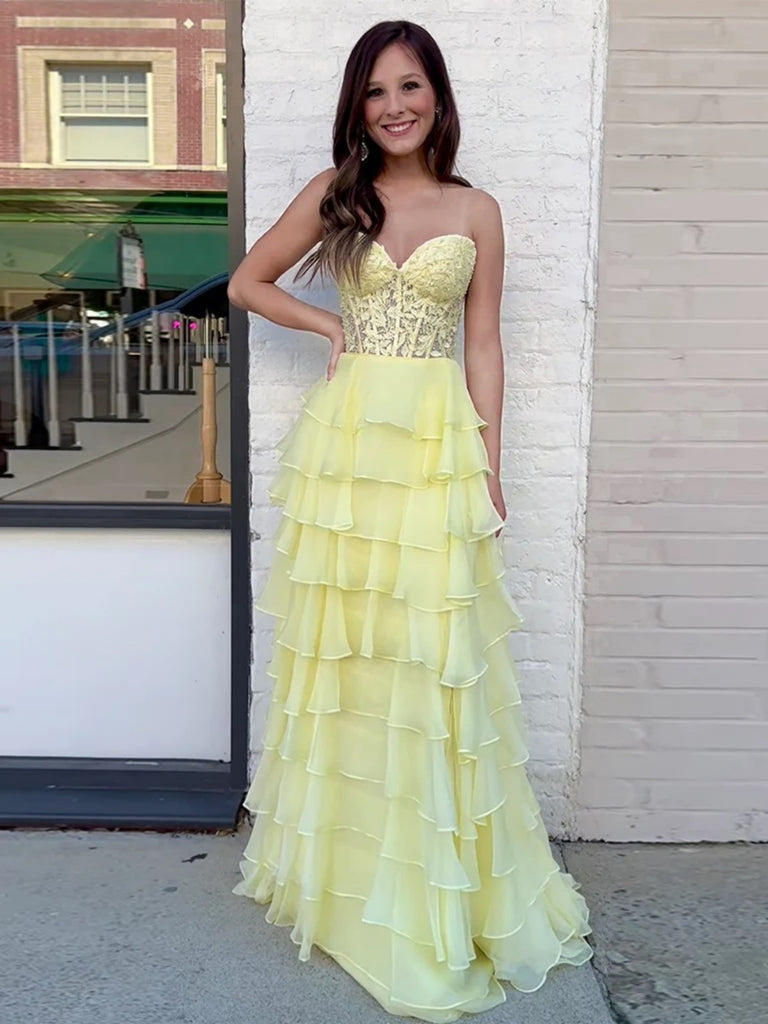 Dressime High Neck Ruffle Chiffon Long Tiered Prom Dresses with 3D Flower dressime