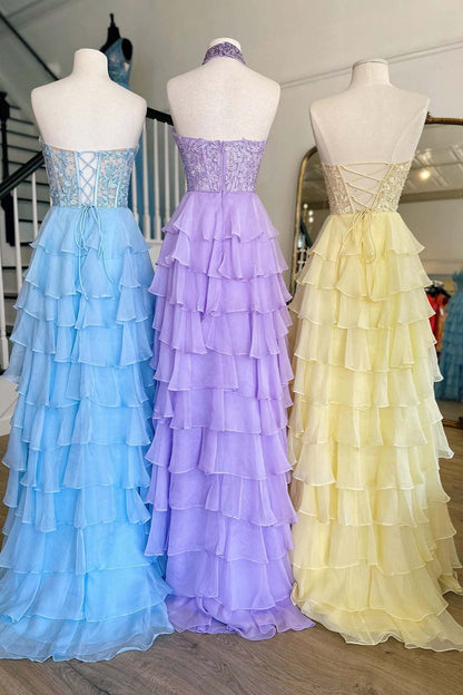 dressimeHigh Neck Ruffle Chiffon Long Prom Dresses with 3D Flower 