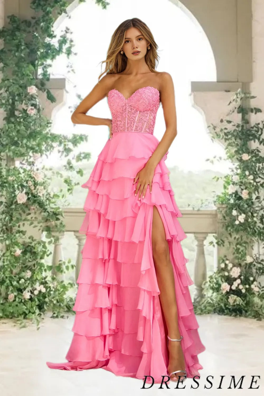 Dressime High Neck Ruffle Chiffon Long Tiered Prom Dresses with 3D Flower dressime