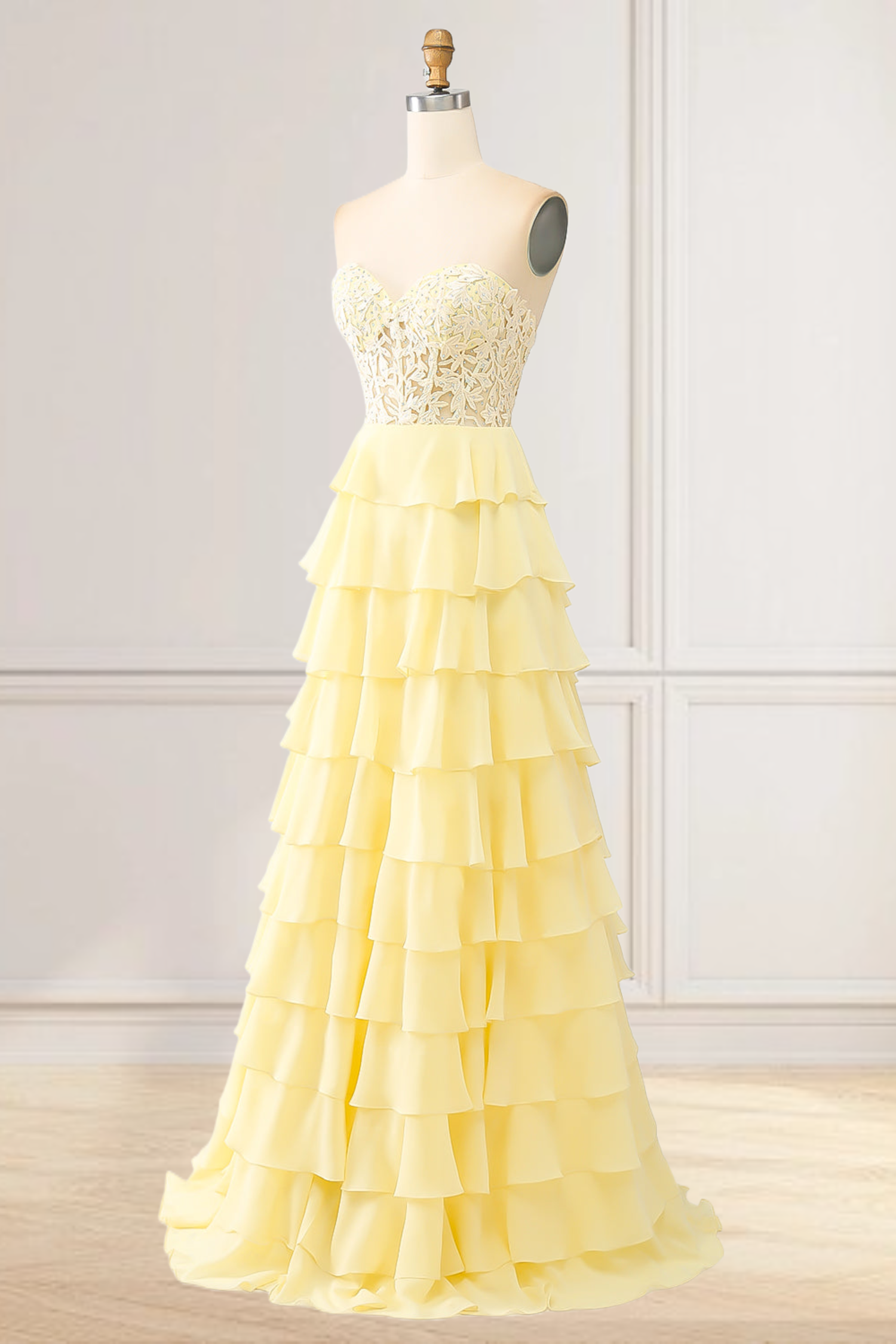 Dressime High Neck Ruffle Chiffon Long Tiered Prom Dresses with 3D Flower dressime