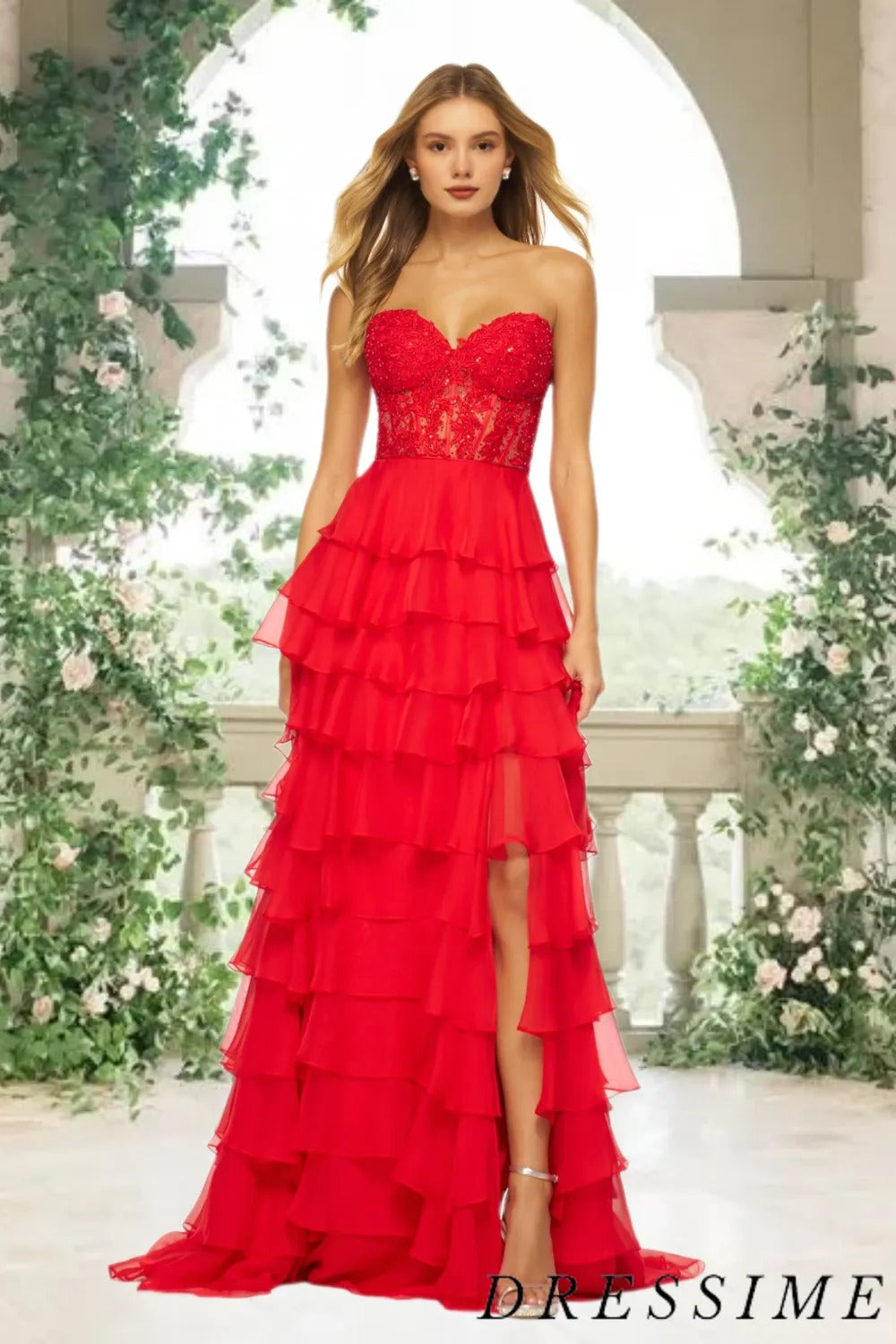 Dressime High Neck Ruffle Chiffon Long Tiered Prom Dresses with 3D Flower dressime