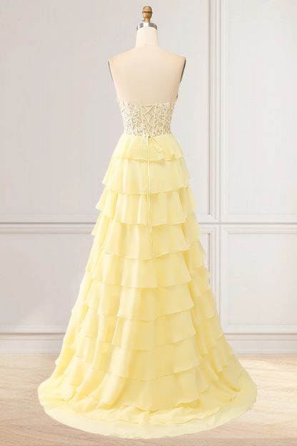 Dressime High Neck Ruffle Chiffon Long Tiered Prom Dresses with 3D Flower dressime