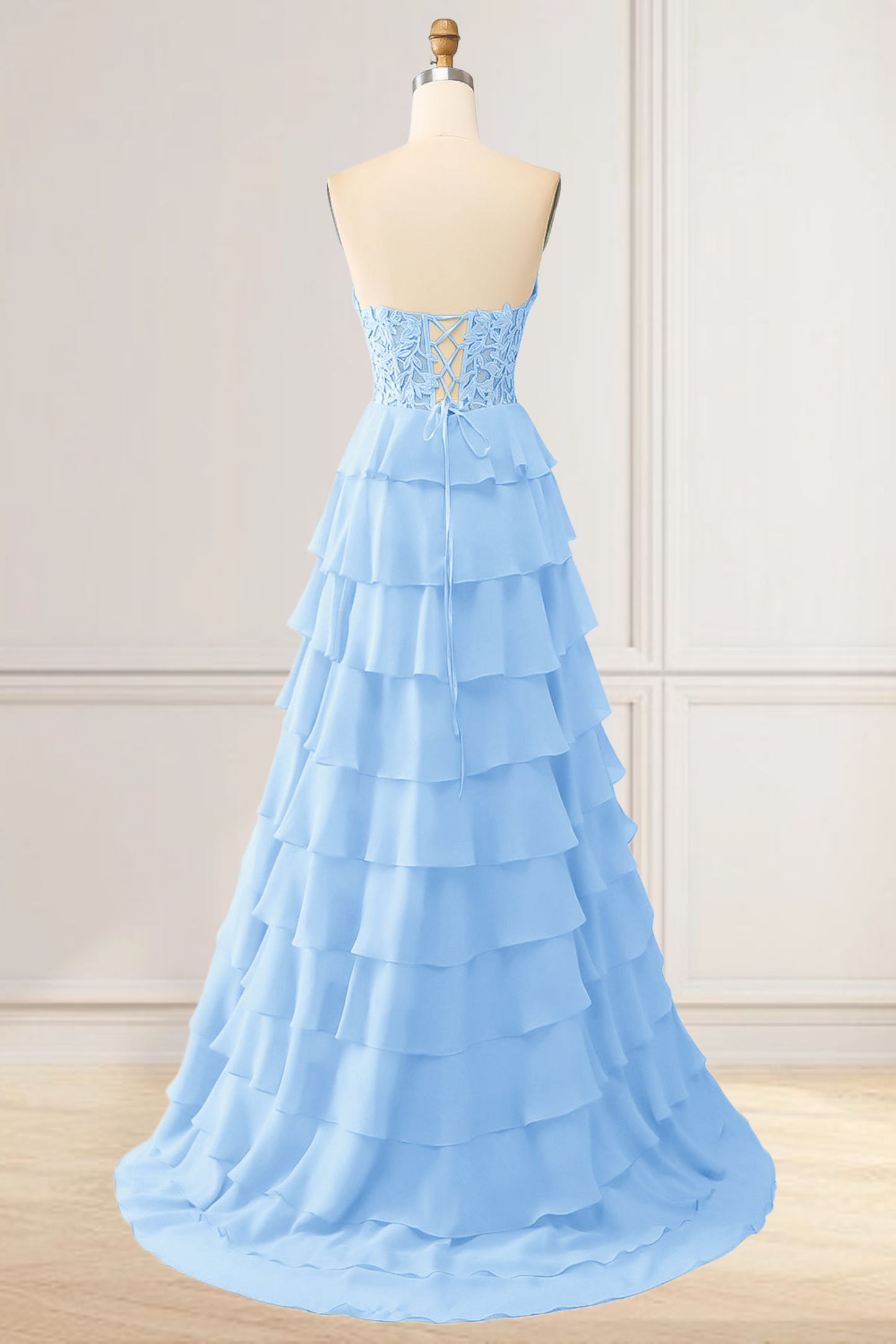 Dressime High Neck Ruffle Chiffon Long Tiered Prom Dresses with 3D Flower dressime