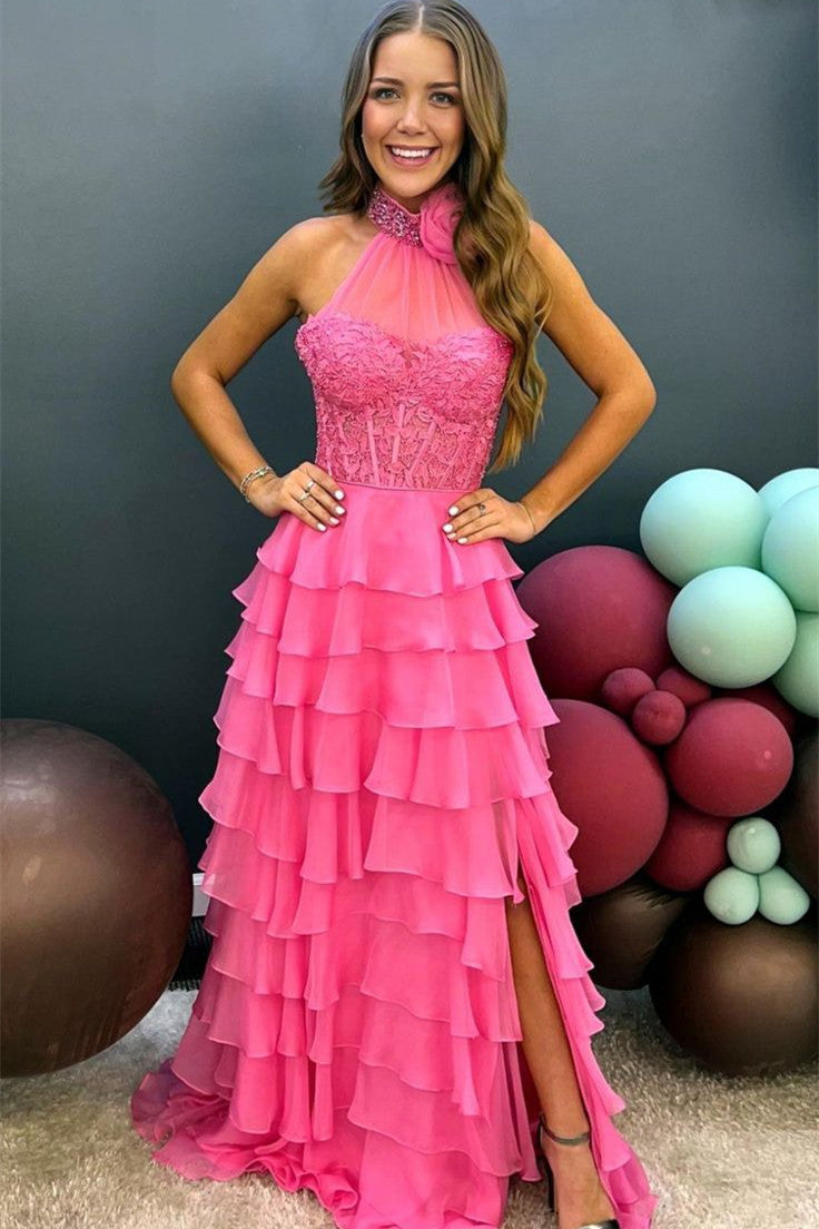 dressimeHigh Neck Ruffle Chiffon Long Prom Dresses with 3D Flower 