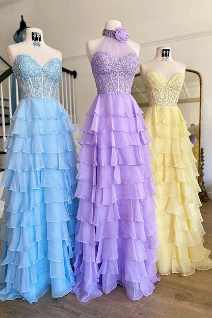 dressimeHigh Neck Ruffle Chiffon Long Prom Dresses with 3D Flower 