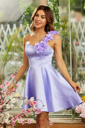 Dressime Homecoming Dresses Ball Gown One-Shoulder Knee-Length Satin With Handmade Flowers dressime