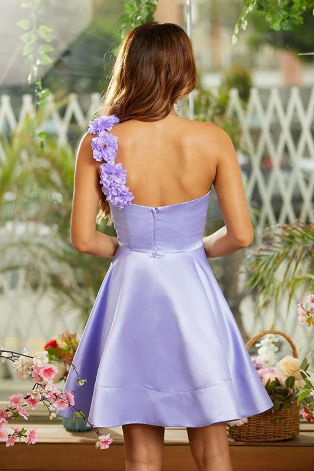 Dressime Homecoming Dresses Ball Gown One-Shoulder Knee-Length Satin With Handmade Flowers dressime