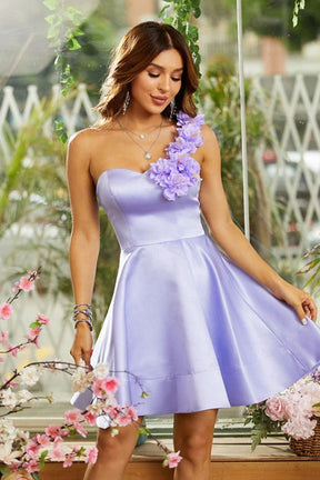 Dressime Homecoming Dresses Ball Gown One-Shoulder Knee-Length Satin With Handmade Flowers dressime