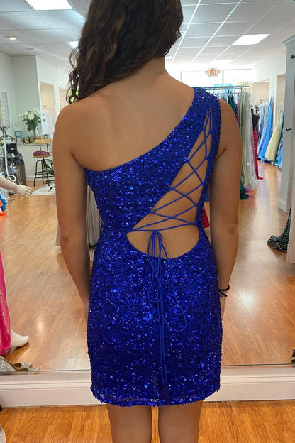 dressimeHomecoming Dresses Sheath Mini One Shoulder Sequins With Elegant Sheer Back 