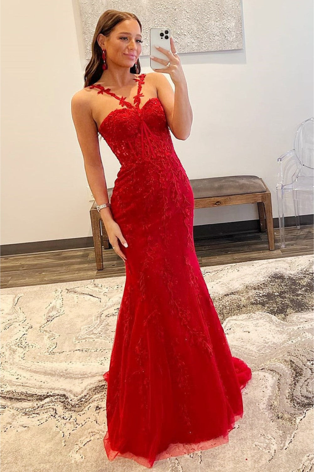 dressimeHot Mermaid Halter Lace Prom Dresses With Appliques 