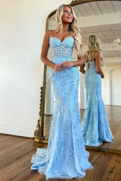 Dressime Lace Sweetheart Sleeveless Mermaid Appliques Prom Dresses dressime