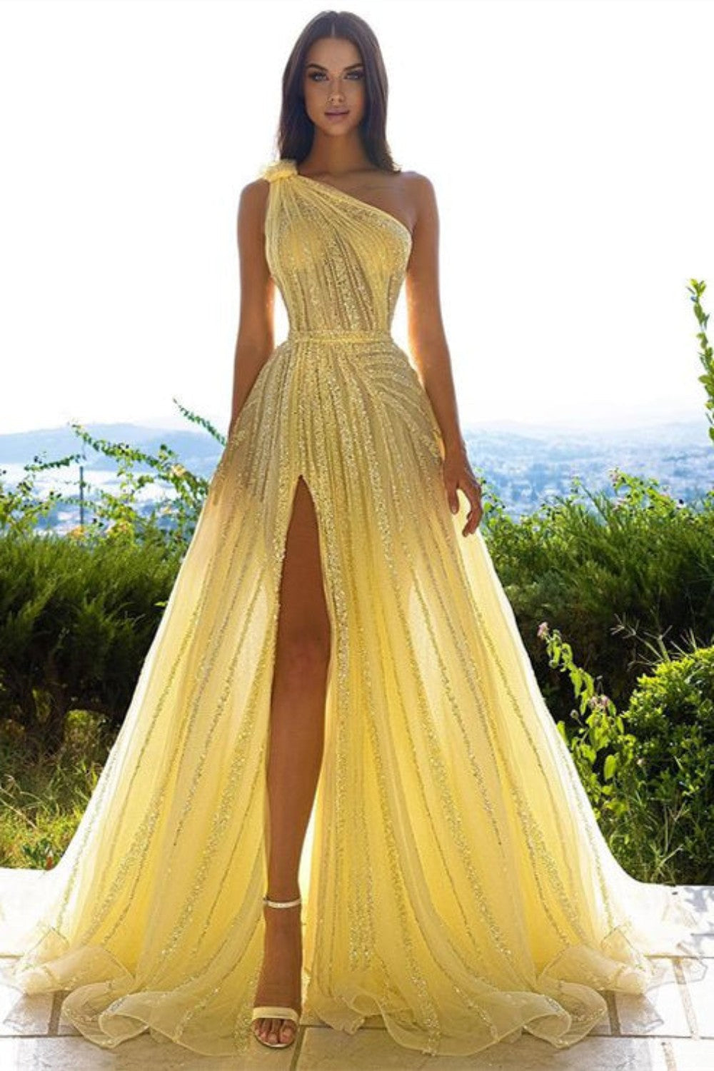 dressimeLuxury One Shoulder Tulle Beaded Slit Prom Dress with Cape 