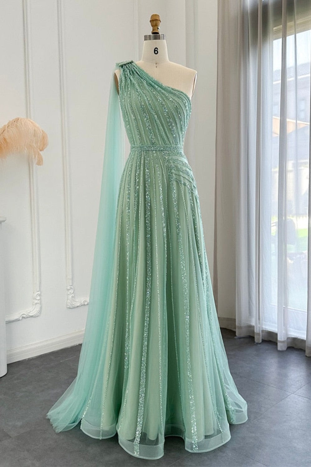 dressimeLuxury One Shoulder Tulle Beaded Slit Prom Dress with Cape 