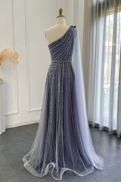 dressimeLuxury One Shoulder Tulle Beaded Slit Prom Dress with Cape 