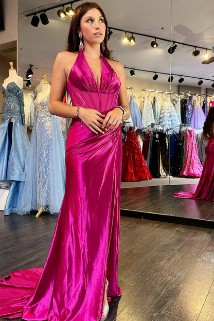 dressimeMermaid Halter Ruching Long Prom Dress with Slit 