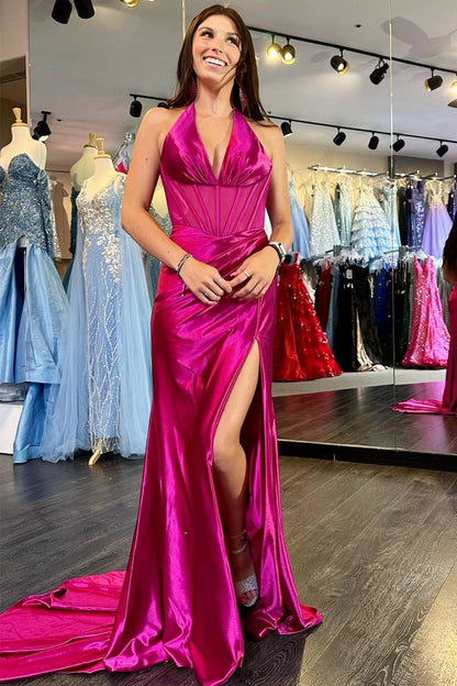 dressimeMermaid Halter Ruching Long Prom Dress with Slit 