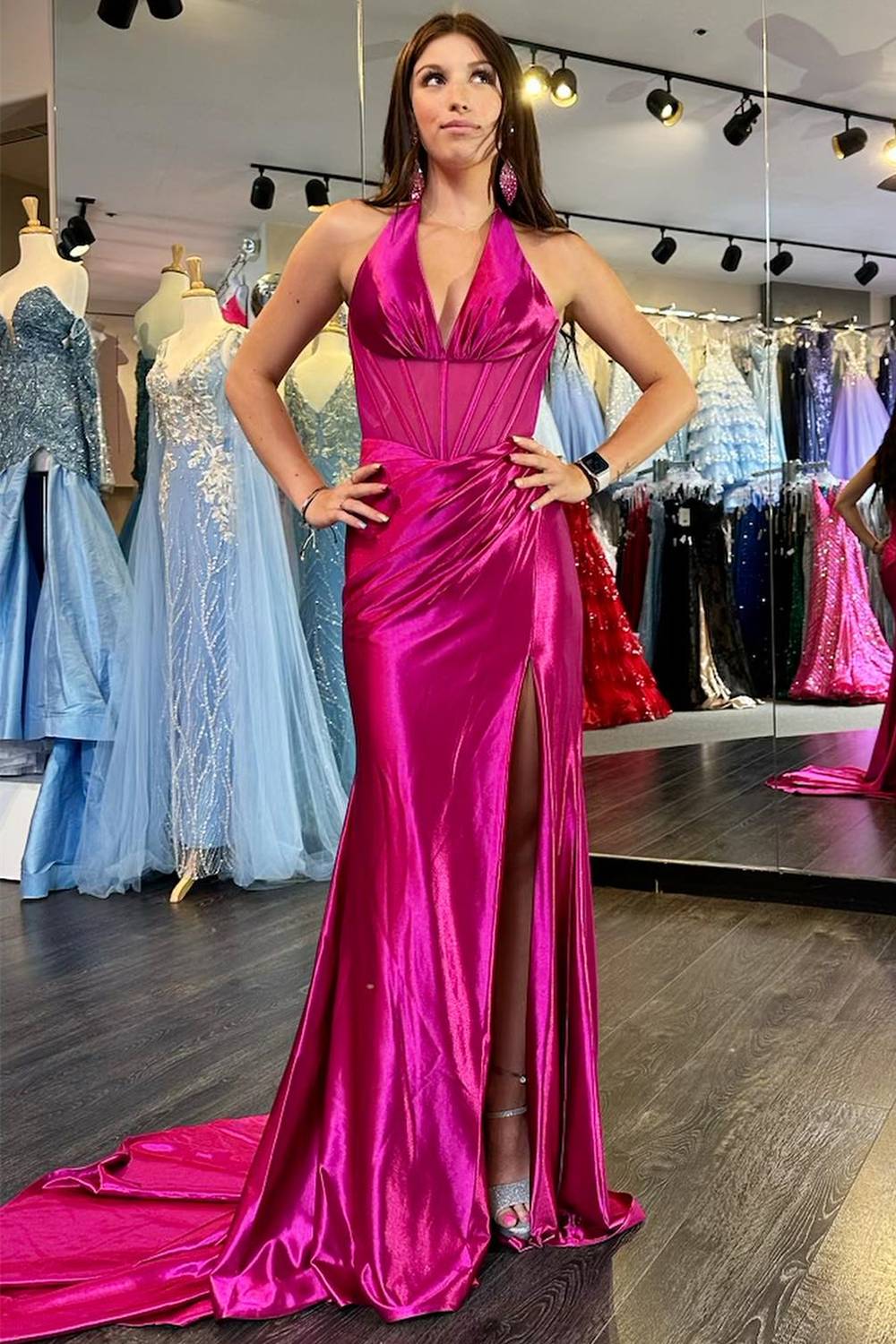 dressimeMermaid Halter Ruching Long Prom Dress with Slit 