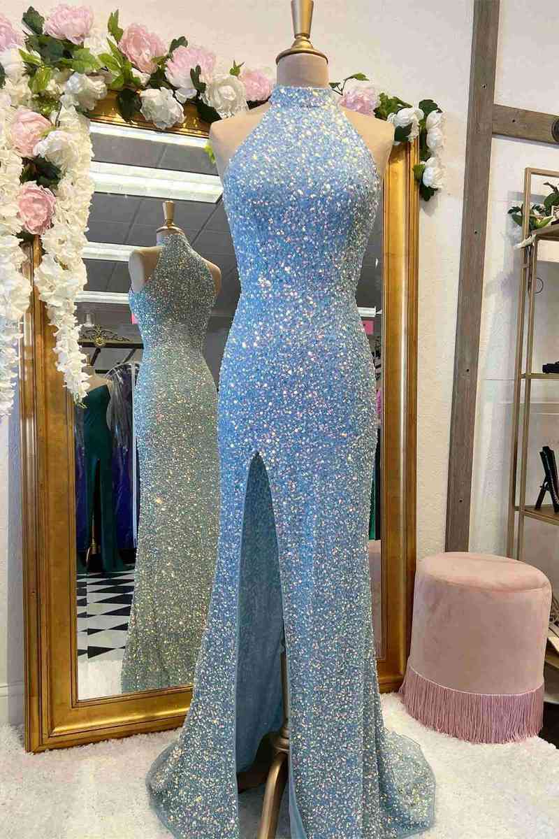 Dressime Mermaid High Neck Sequin Slit Prom Dress dressime