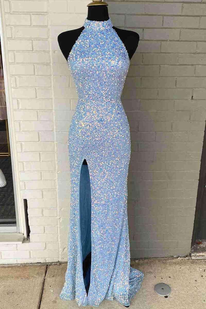 Dressime Mermaid High Neck Sequin Slit Prom Dress dressime