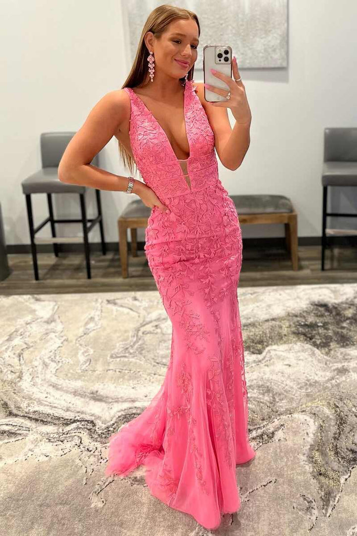 dressimeMermaid Lace V Neck Prom Dresses With Applique And Sash 