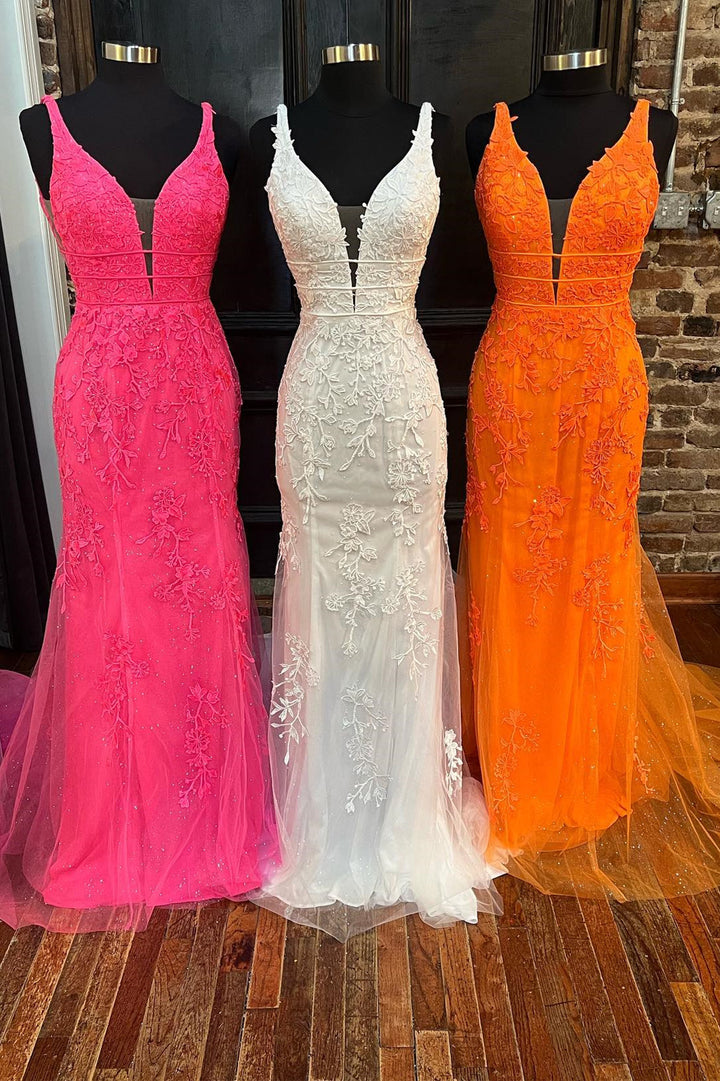 dressimeMermaid Lace V Neck Prom Dresses With Applique And Sash 