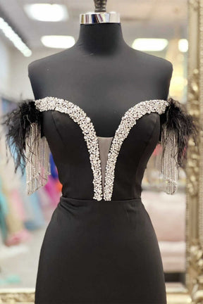 Dressime Mermaid Off Shoulder Feather Beaded Slit Long Prom Dress dressime