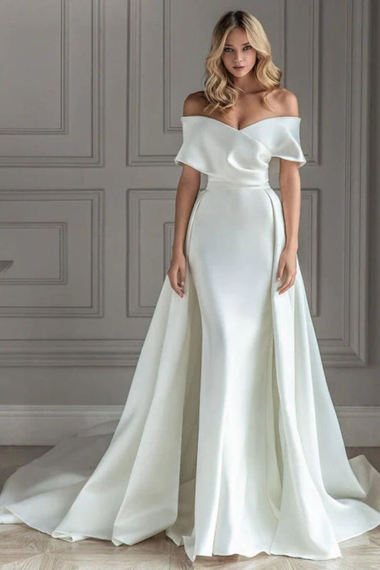 Dressime Mermaid Off Shoulder Satin Wedding Dresses With Detachable Train dressime