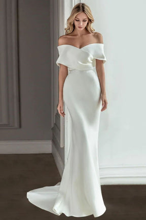 Dressime Mermaid Off Shoulder Satin Wedding Dresses With Detachable Train dressime