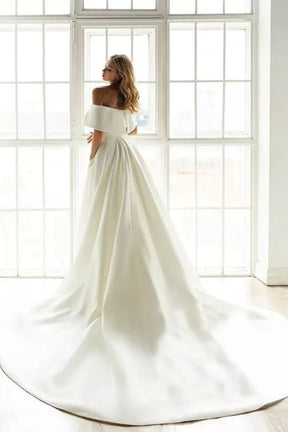 Dressime Mermaid Off Shoulder Satin Wedding Dresses With Detachable Train dressime