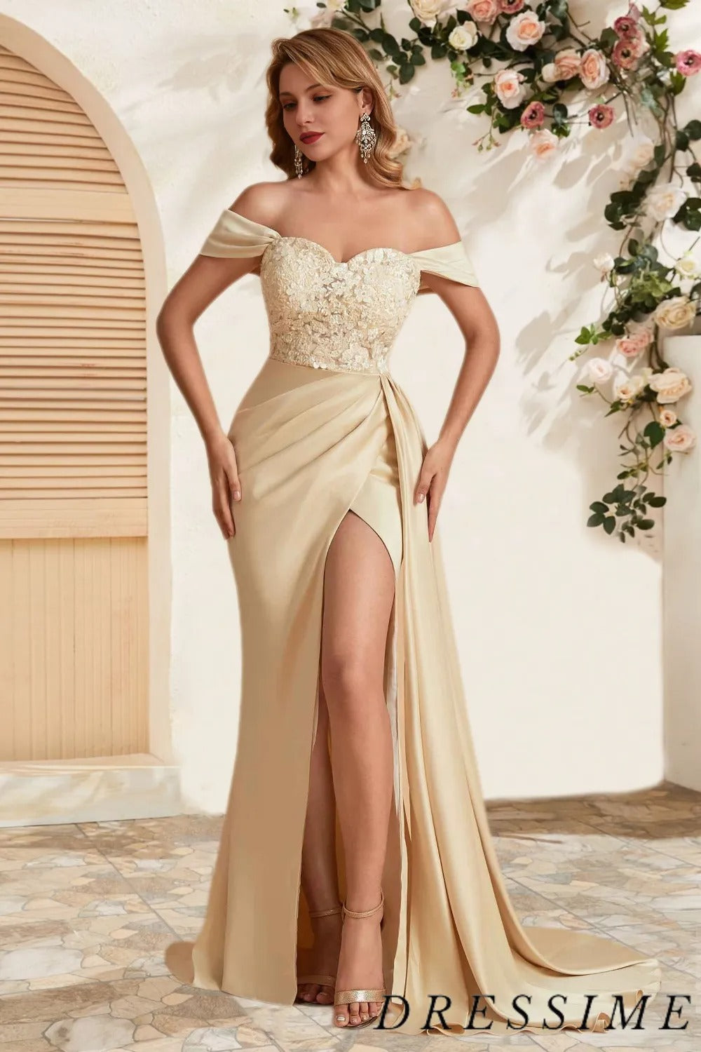 Dressime Mermaid Off The Shoulder Satin Lace Slit Long Bridesmaid Dress With Train dressime