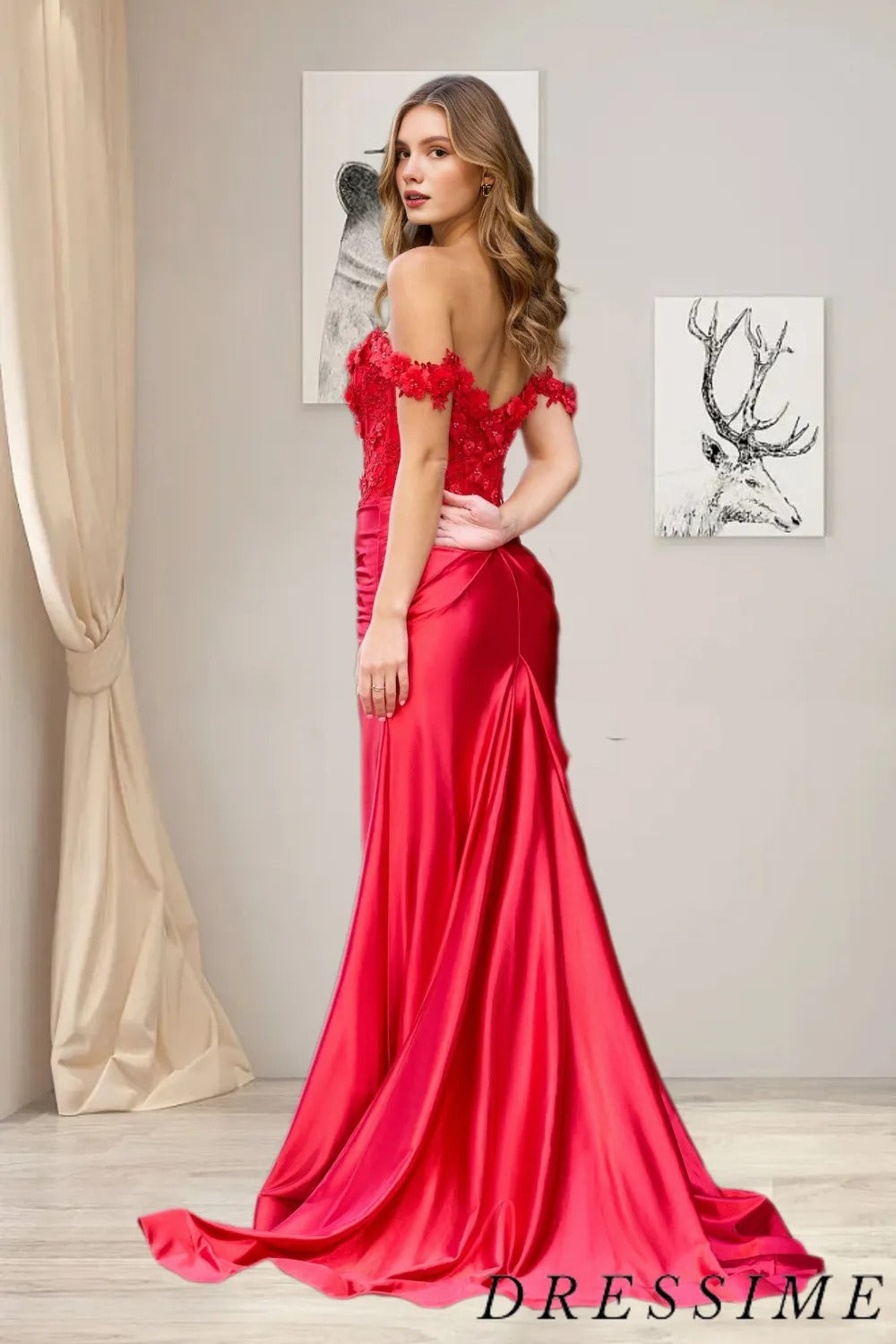 Dressime Mermaid Off The Shoulder Satin Long Prom Dresses With Appliques dressime