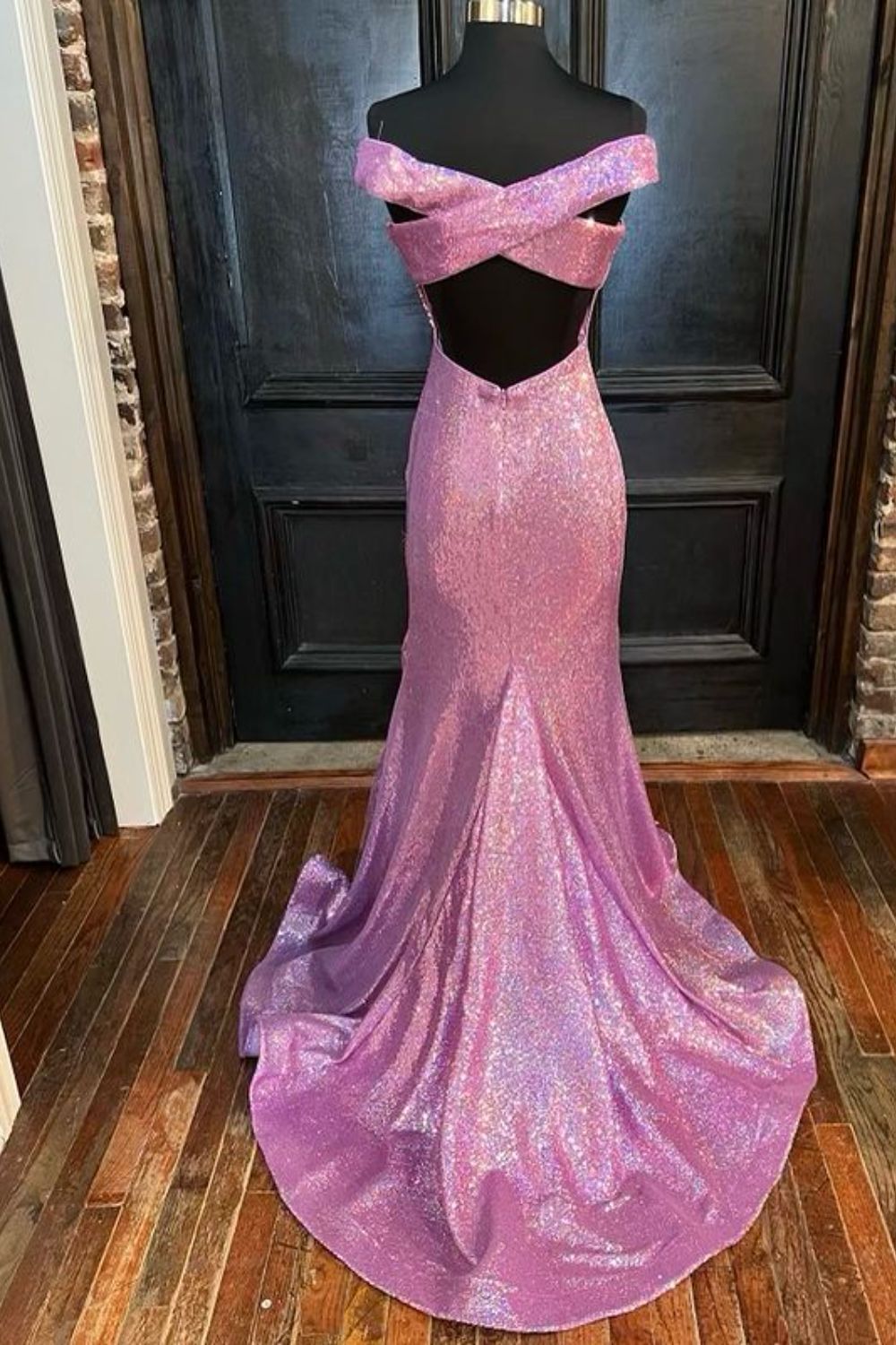 Dressime Mermaid Off The Shoulder Sequin Corset Open Back Long Prom Dress dressime